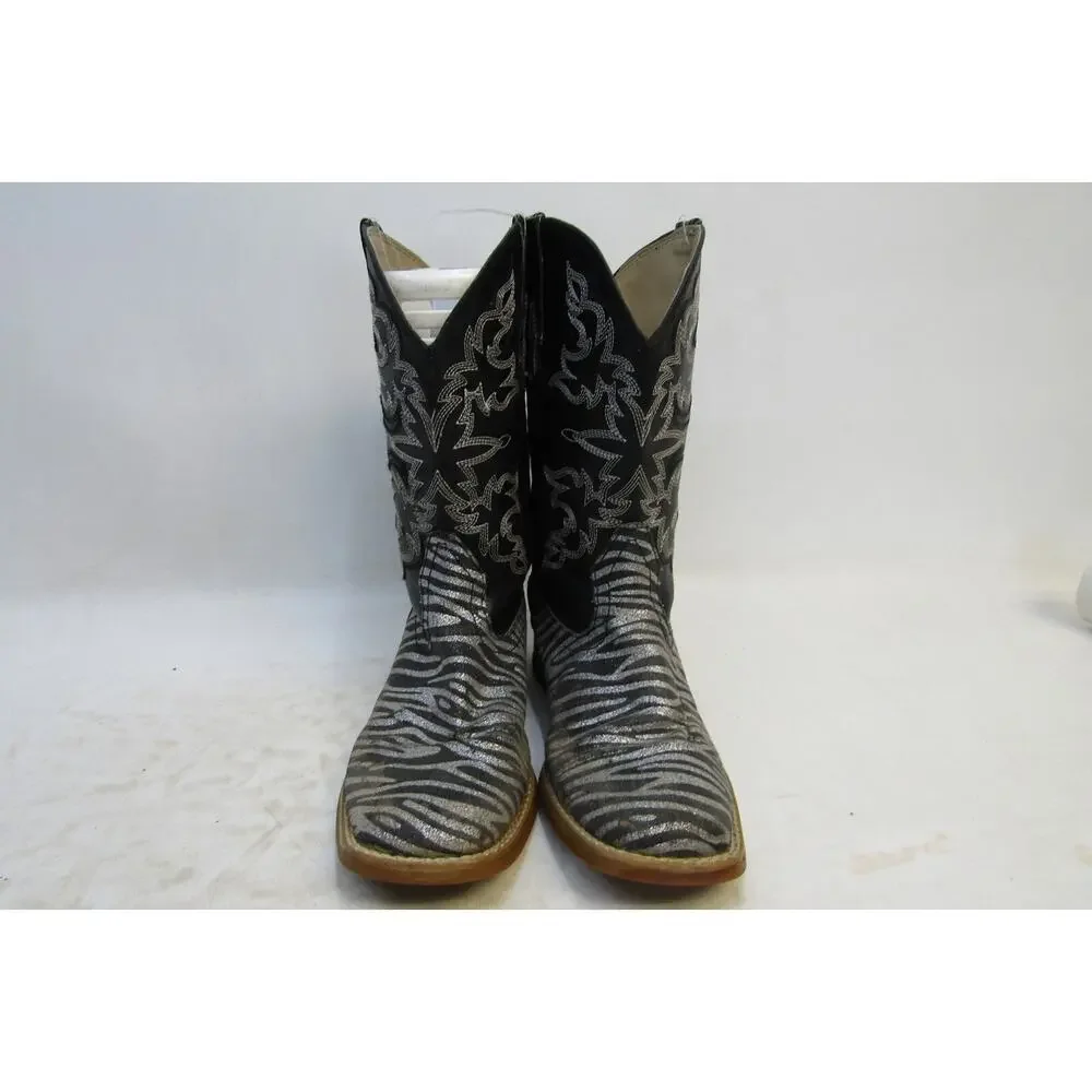 Roper Brand Youth Size 2 M Black Zebra Print Cowboy Western Boots